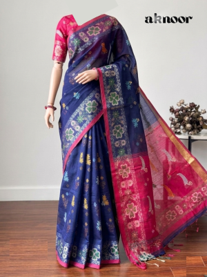 Hibiscus saree navy blue and earrings