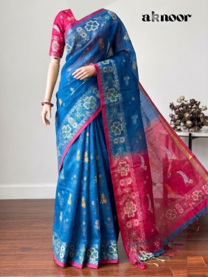 Hibiscus saree blue/akashi colour and earrings