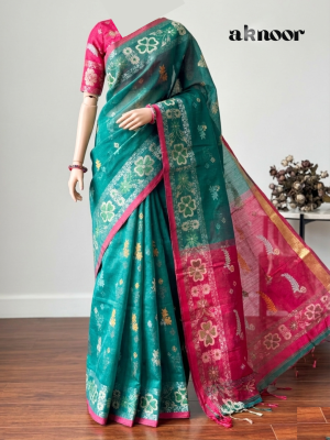 Hibiscus saree seagreen colour and earrings